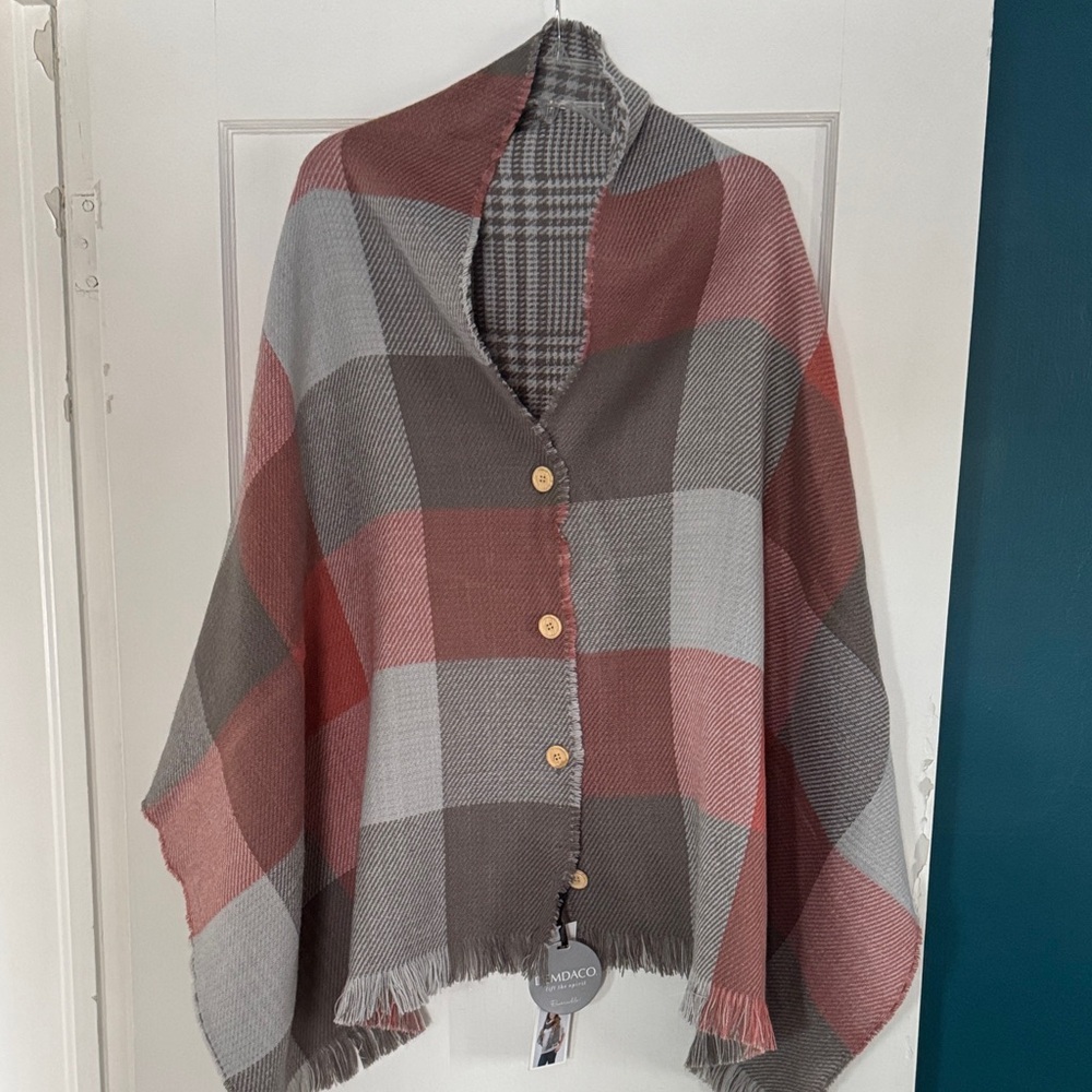 Women's Reversible Plaid Button-Up Cape - Muted Red and Gray